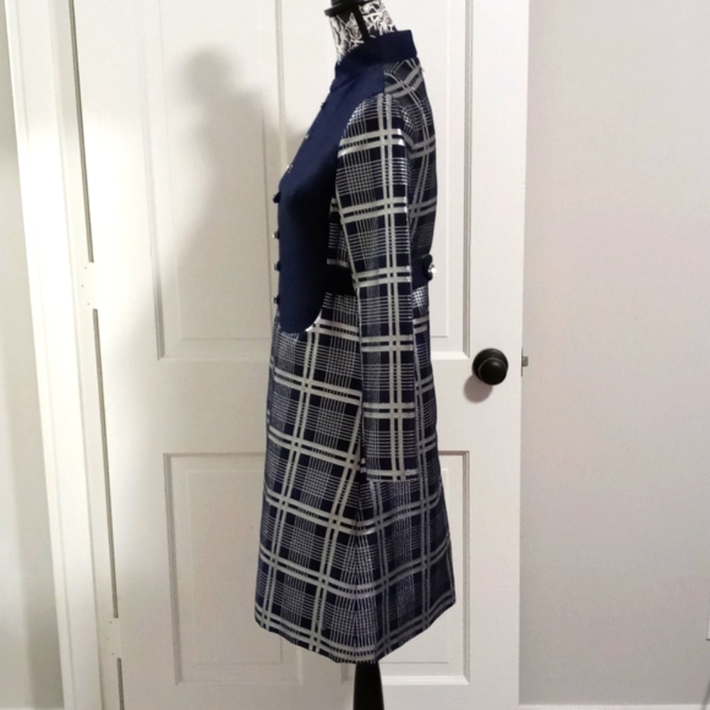 💙VTG 1960s Oscar de la Renta💙 - Navy Silk & Silver Metallic Plaid Mod Dress - Picture 10 of 16